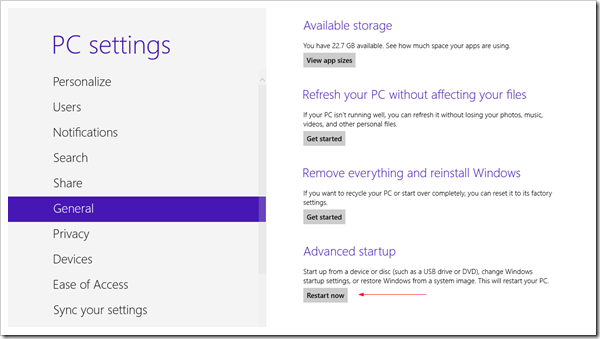 PC Settings General Advanced Startup