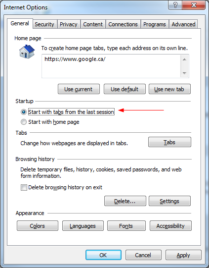 IE Tips - Start with tabs from last session