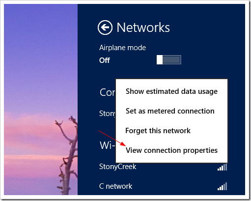 Right click wireless network on charm bar