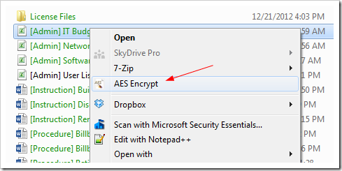 AES Crypt - context menu