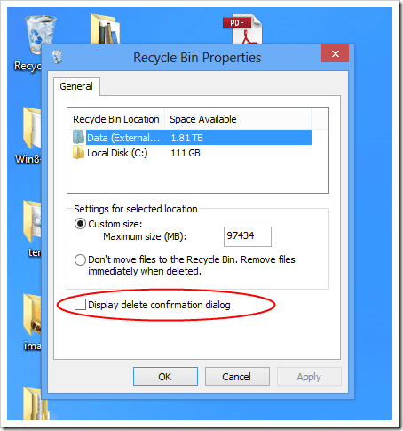 Windows Explorer - Recycle Bin Properties