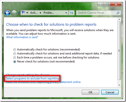 action center error reporting for individual program thumb1 - How To Disable Windows Error Reporting in Windows 7