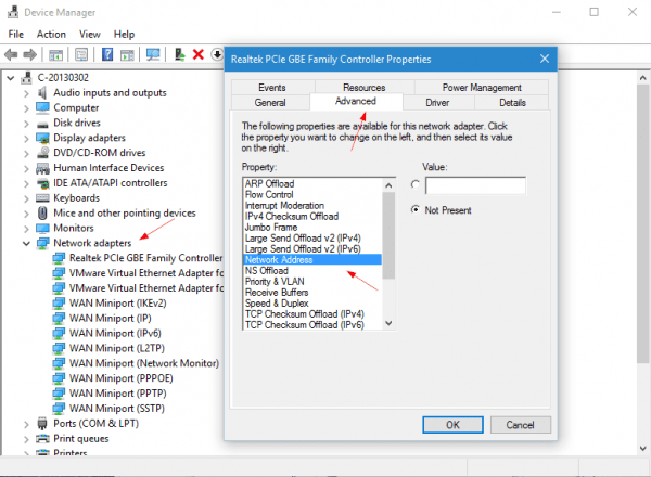 Network Adapter Advanced Properties in Device Manager 600x440 - How To Change MAC Address on A Network Adapter on Windows