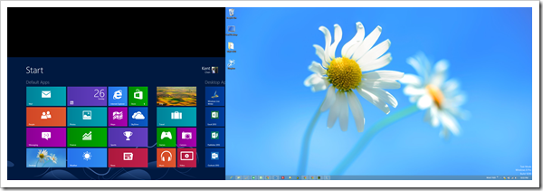 Windows 8 Dual Screen Start screen and desktop thumb - 7 Windows 8 Tips to Make Better Use of Dual Monitors