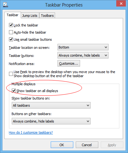 Windows 8 Dual Screen taskbar options thumb - 7 Windows 8 Tips to Make Better Use of Dual Monitors