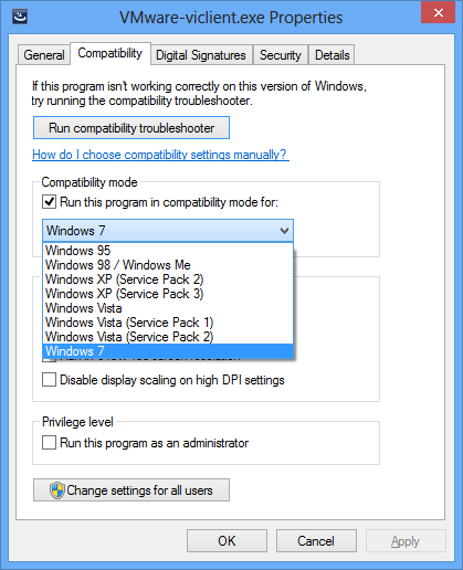 VMware viclient properties compatibility thumb - How To Install VMware vSphere Client on Windows 8