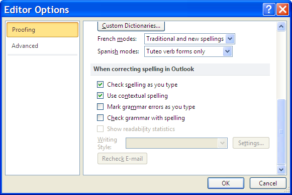 Outlook Spelling Check options - Available