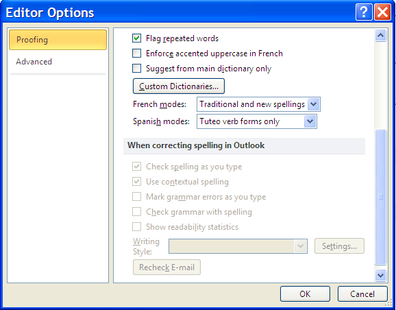 Outlook Spelling Check options