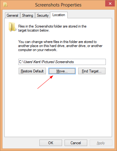 Screenshot folder properties location tab thumb - Windows 8 Tip: How To Change Default Screenshots File Location
