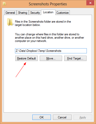 Screenshots folder location tab thumb - Windows 8 Tip: How To Change Default Screenshots File Location