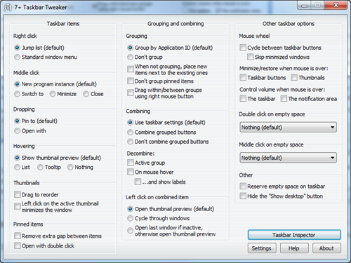 7 Taskbar Tweaker main window thumb - 7+ Taskbar Tweaker for Windows 7 and Windows 8