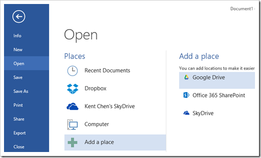 Word File Add a place Google Drive thumb - How To Integrate Dropbox and Google Drive into Microsoft Office 2013 [updated for Windows 8.1]