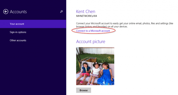 PC settings Accounts Connect to a Microsoft account 600x321 - How To Connect A Domain Account to Your Own Microsoft Account in Windows 8