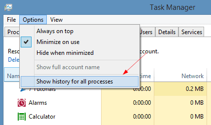 Task Manager show history for all apps - 10 Windows 8.1 Task Manager Features You May Not Know