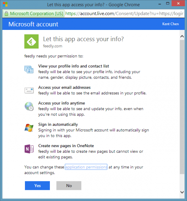 Microsoft Account Let this app access your info  600x646 - Saving Your Feedly Articles Directly to OneNote