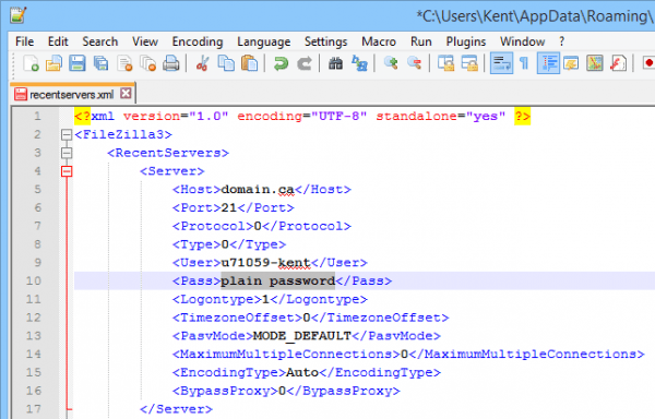 2014 11 02 21 11 17  C  Users Kent AppData Roaming FileZilla recentservers.xml Notepad  600x384 - How To Retrieve Saved Passwords in Filezilla on Windows
