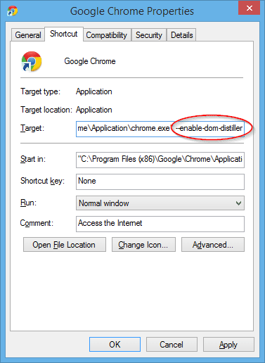 Google Chrome Properties 2015 03 12 14 28 281 - How To Enable Chrome Reader Mode on Windows Desktop