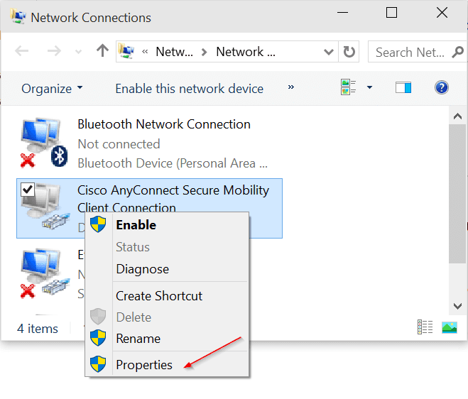 Network Connections - Fix Cisco AnyConnect Client Connection Issue in Windows 10 10074 Build