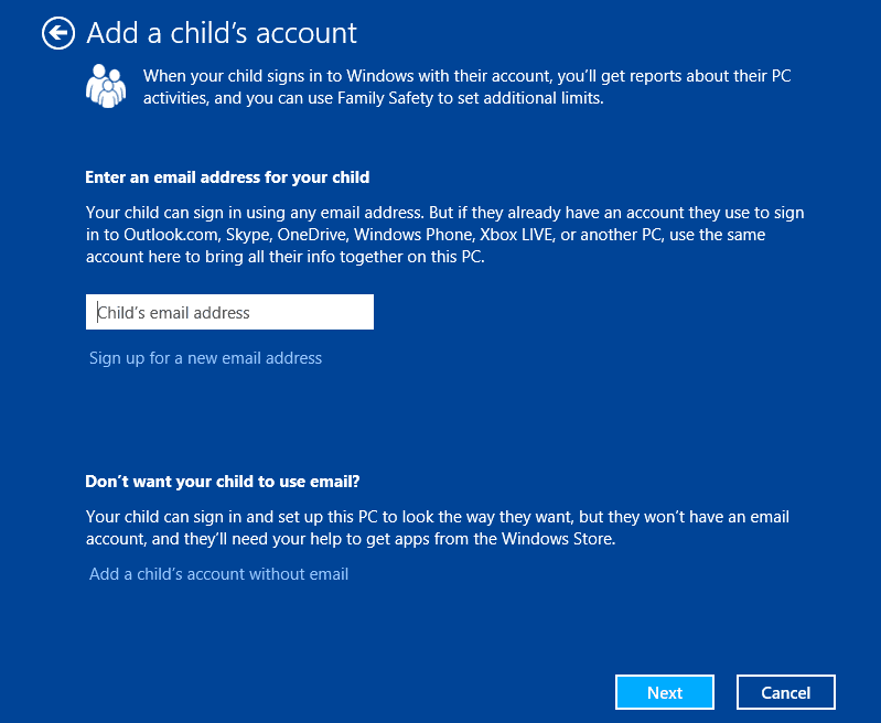 PC Settings Accounts Other Accounts Add an account add a childs account type - How To Use Family Safety For Your Kids to Use Windows