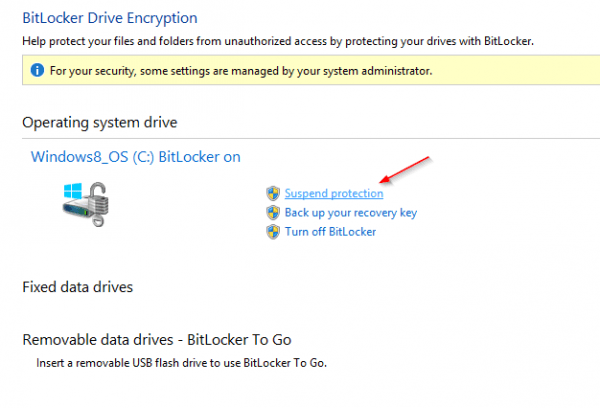BitLocker Drive Encryption Suspend Protection 600x408 - Fix Having To Enter BitLocker Recovery Key at Every Reboot