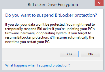BitLocker Drive Encryption Suspend Protection confirmation - Fix Having To Enter BitLocker Recovery Key at Every Reboot