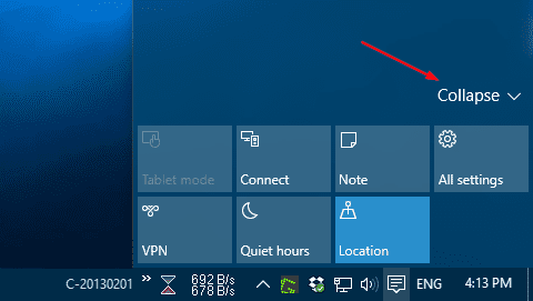 Action Center icons expand collapse - Windows 10: How To Set Up Quick Action Buttons in Action Center