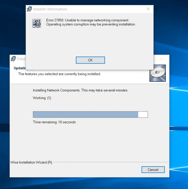 cisco vpn client error 27850 windows 10