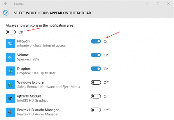 Settings Notification select icons all icons 600x415 - Windows 10: Displaying System and App Icons in Notification Area (System Tray)