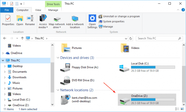 File Explorer OneDrive as mapped drive. 600x362 - Placeholders are Gone from OneDrive in Windows 10, What To Do?