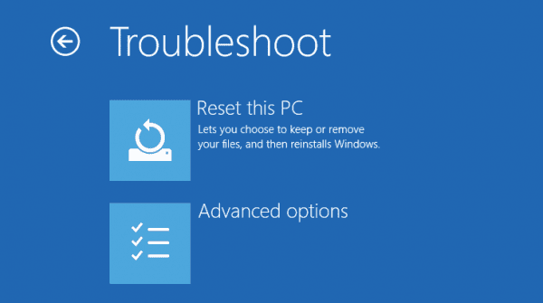 Windows 10 Advanced Options Troubleshoot Reset this pc 600x335 - How To Reset or Refresh Windows 10 When You Have Trouble Logging Into Desktop