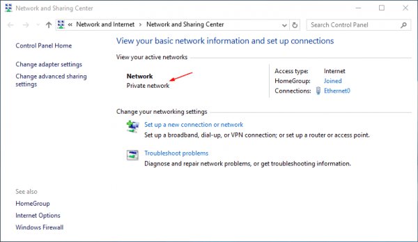 Network and Sharing Center network profile 600x347 - How To Switch Network Between Public and Private in Windows 8.1 and 10