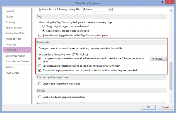 OneNote Options 2015 09 28 23 30 26 600x385 - OneNote Tip: How To Protect Section with A Password