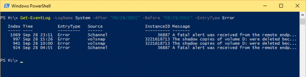 Windows PowerShell 2015 09 29 15 53 58 600x152 - 10 Examples to Check Event Log on Local and Remote Computer Using PowerShell