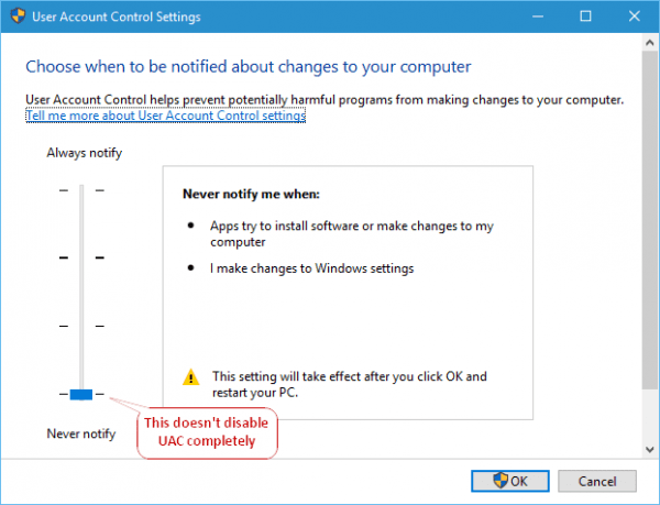 UAC with never notify 600x459 - How To Completely Disable UAC on Windows 10