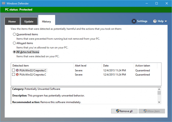 Windows Defender History tab with PUA 600x425 - Enabling Anti-Adware Feature in Windows Defender in Windows 10