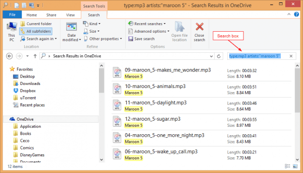type mp3 artists  maroon 5  Search Results in OneDrive 2015 12 08 22 40 57 1 600x344 - How To Save File Explorer File Searches and Use Them Later in Windows