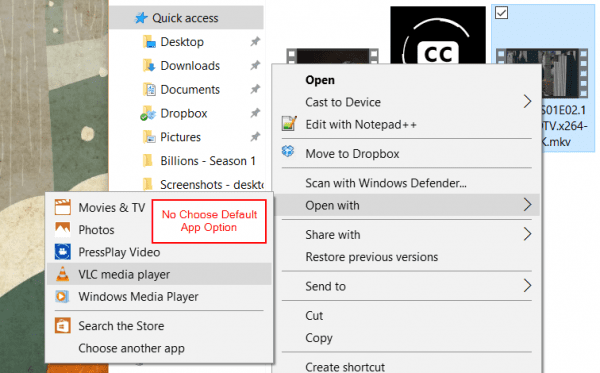 No default app option in Context menu 600x373 - How To Set VLC as Default Video Player for MKV Files in Windows 10