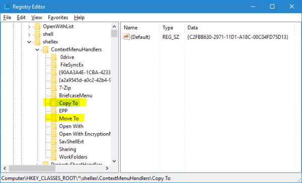 RegEdit shellex ContextMenuHandlers Copy To Move To 600x363 - How To Add the Missing Open With Option Back to Context Menu in Windows