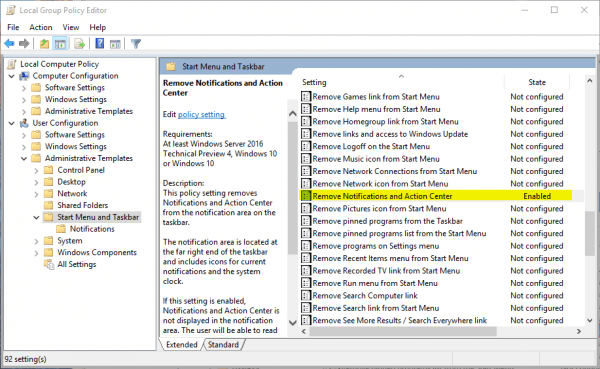 Local Group Policy Editor remove action center 600x369 - Disabling Action Center and Notification in Windows 10