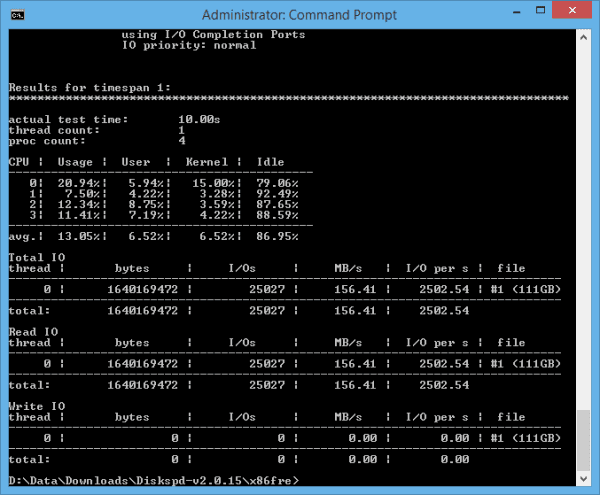diskspd on c drive 1 600x495 - A Robust Disk Performance Benchmark Command Line for Windows