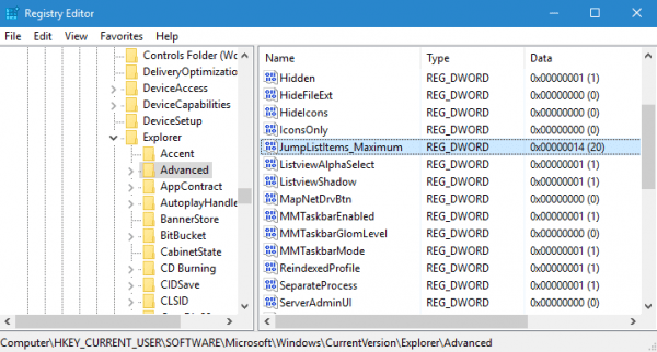 Registry JumpListItems Maximum 600x322 - How To Disable, Clear, and Increase Jump Lists Items in Windows 10