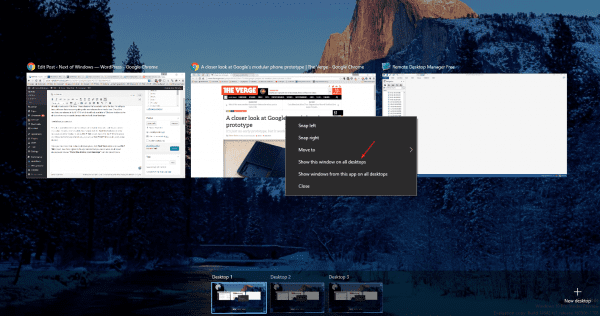 Task View show this window on all desktops 600x316 - How To Pin or Show An App Window in All Virtual Desktops in Windows 10