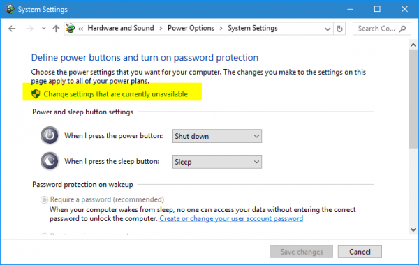 Control Panel Power Options what the power button does settings unavailable 600x380 - How To Add Hibernate Option to Windows 10 Power Menu