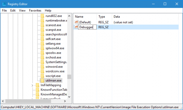 Registry utilmon.exe new string value debugger 600x363 - Run Any App on Windows 10 Login Screen via Ease of Access Button