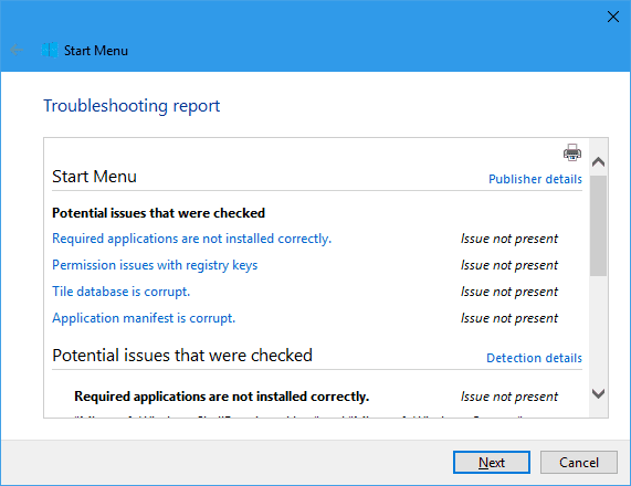 Start Menu Troubleshooter report - Having Problem Opening the Start Menu or Cortana in Windows 10? Try this Troubleshooter