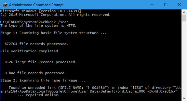 Administrator  Command Prompt chkdsk  scan 600x324 - New CHKDSK Switches in Windows 8 and Windows 10 You May Not Know