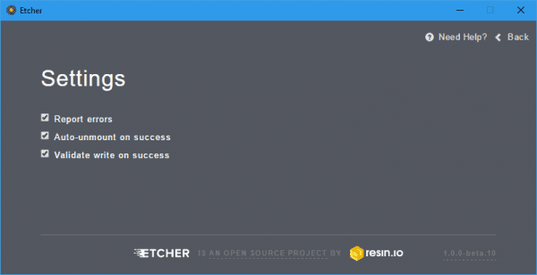 Etcher settings 600x308 - Etcher to Burn Images to SD Cards & USB Drives with Ease on Windows and Linux Systems