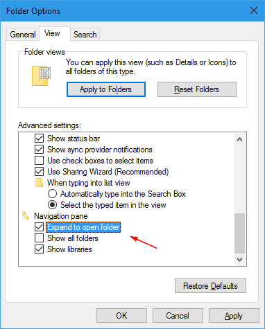 Folder Options enable Expand to open folder - Windows 10 File Explorer Command Line Switches You May Not Know