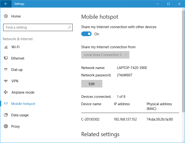 Windows 10 Settings Network Hotspot connected 600x462 - How To Enable WiFi Hotspot on Windows 10 without 3rd Party Tools