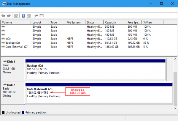 Disk Management 2 TB in GiB 600x407 - Why My 2 TB Hard Drive Only Shows 1.81 TB in Windows?